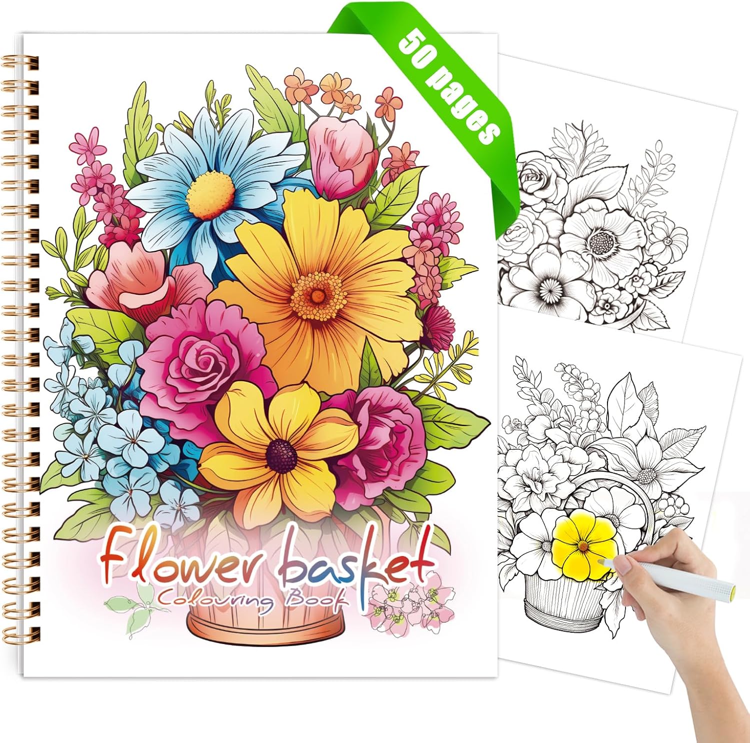 Tlenpo Adult Coloring Book for Women, Spiral Bound Adult Coloring Books for Women Relaxation, Suitable for Alcohol Markers and Colored Pencils, Single-Sided Print of Flower, 50 Coloring Pages