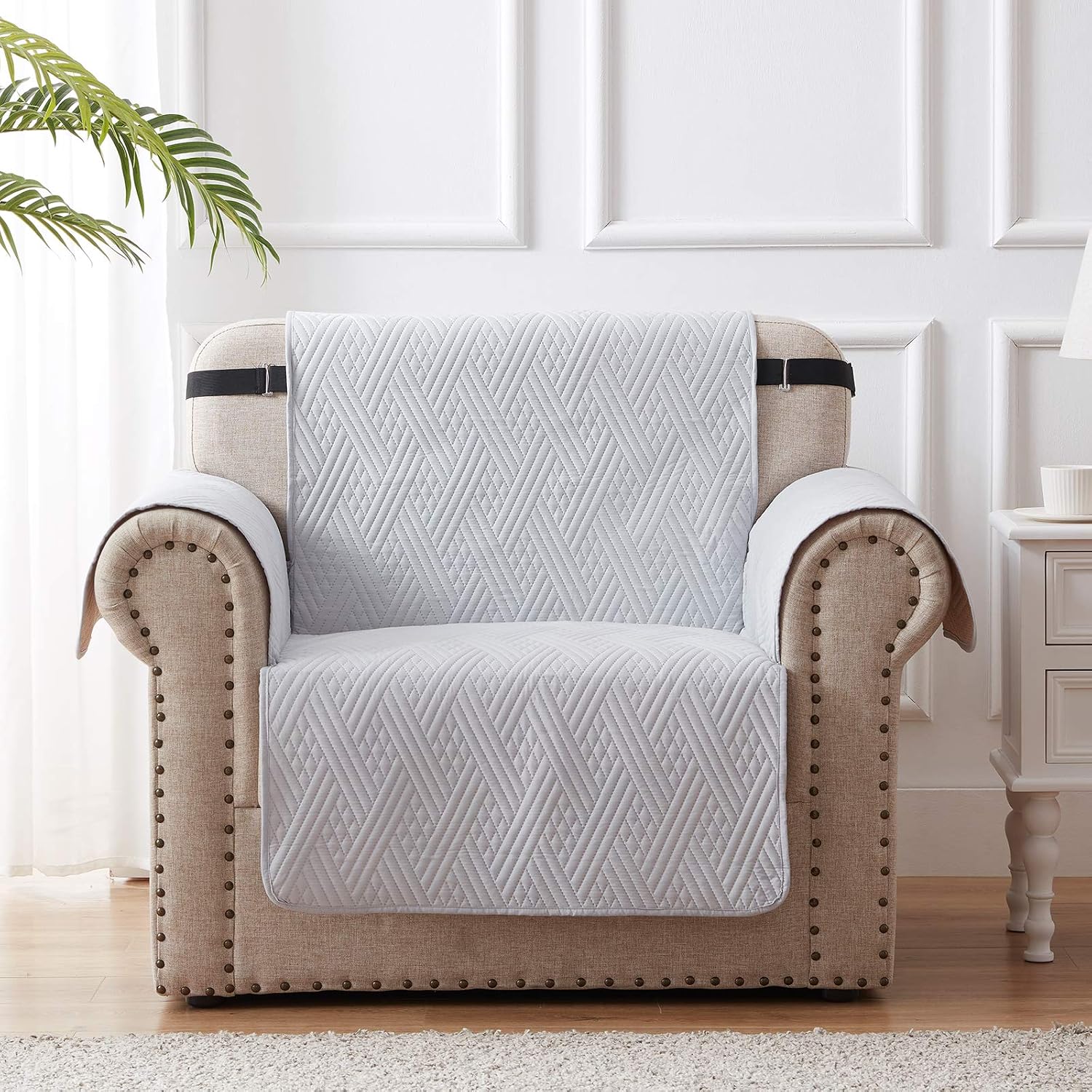 SunStyle Home Light Grey Slipcovers for Chairs 100% Waterproof Furniture Protector Diamond Pattern Couch Cover with Adjustable Elastic Strap and Non-Slip Backing for Dogs Pets Kids