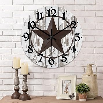 12 Inch Decorative Wall Clock Western Texas Star Classic Farmhouse Wood Clock Silent Non-Ticking Battery Operated Rustic Wooden Analog Clock for Office Home Living Room Decoration Home Decor