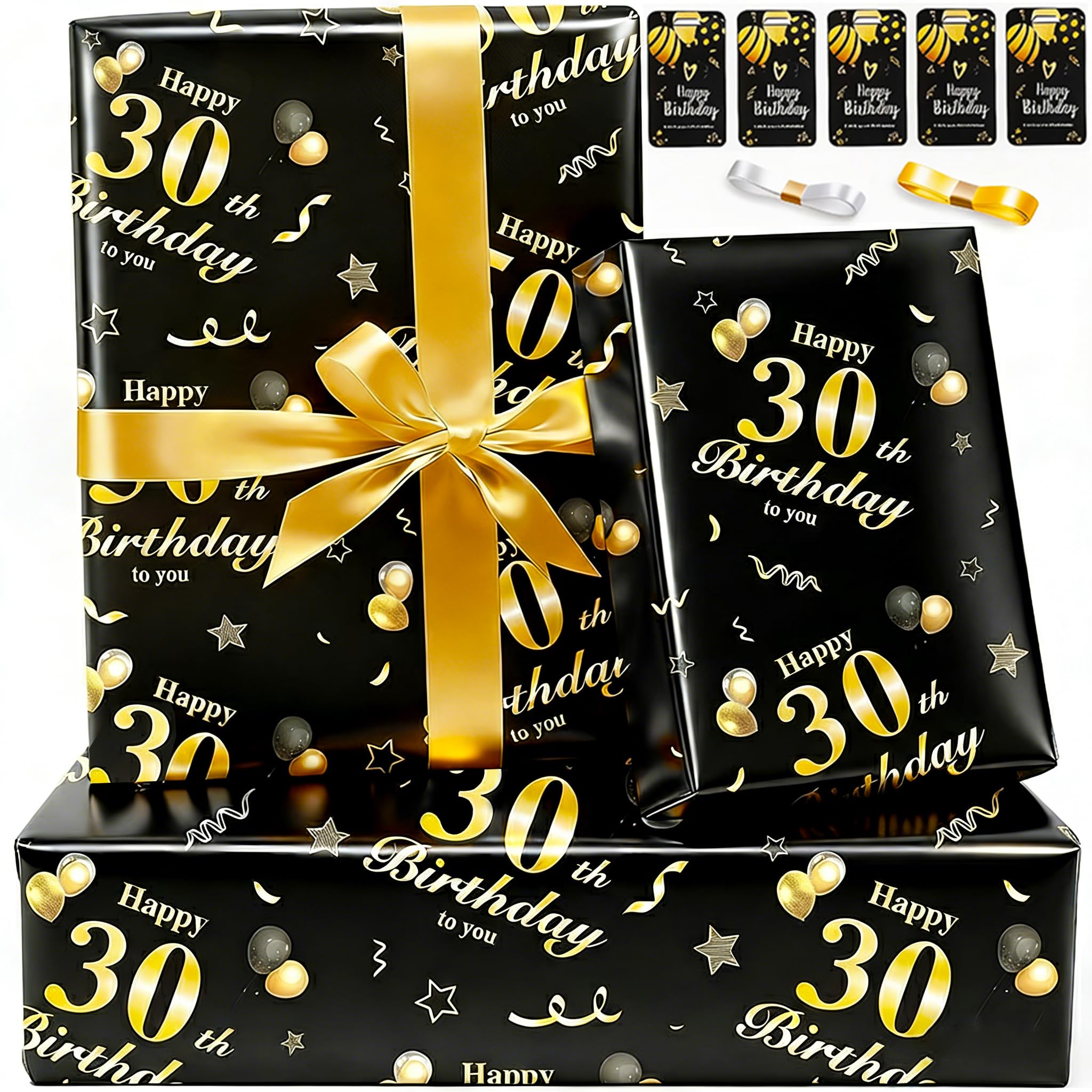 Wrapping paper 30th Birthday Wrapping Paper Set with Ribbon Tag,Luxury Gift Wrap Birthday Paper for Men Women Birthday Gift Wrapping Paper for Present Birthday Decorations 70x50cm Black Gold — image 1