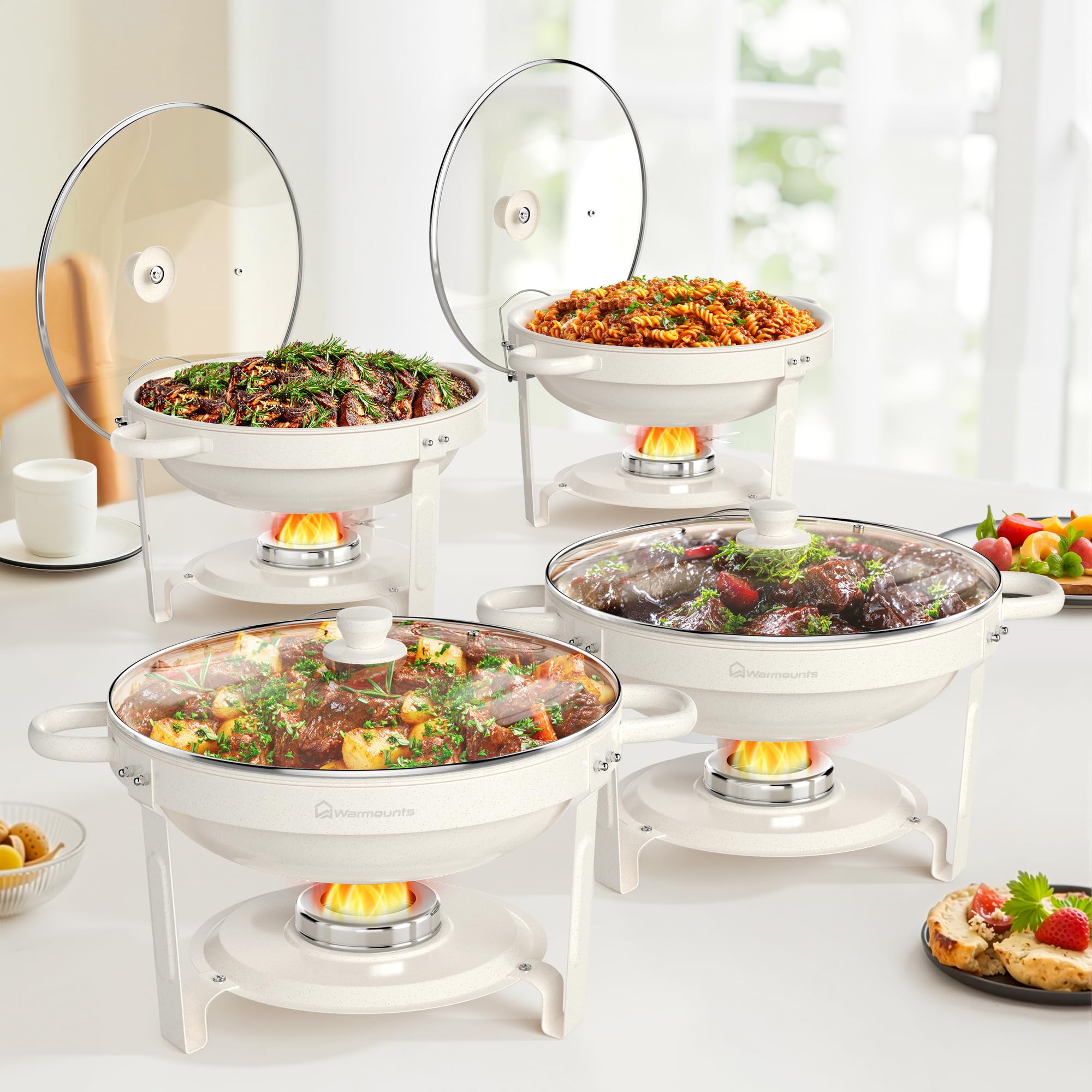 WARMOUNTS White Chafing Dish Buffet with Glass Lid 5L 4 Pack, Maifanite-Coated Round Food Warmers Set w/Mirror-Polished Stainless Steel, Rolled Rim Stackable Chafers with Lid Holder for Party, Wedding