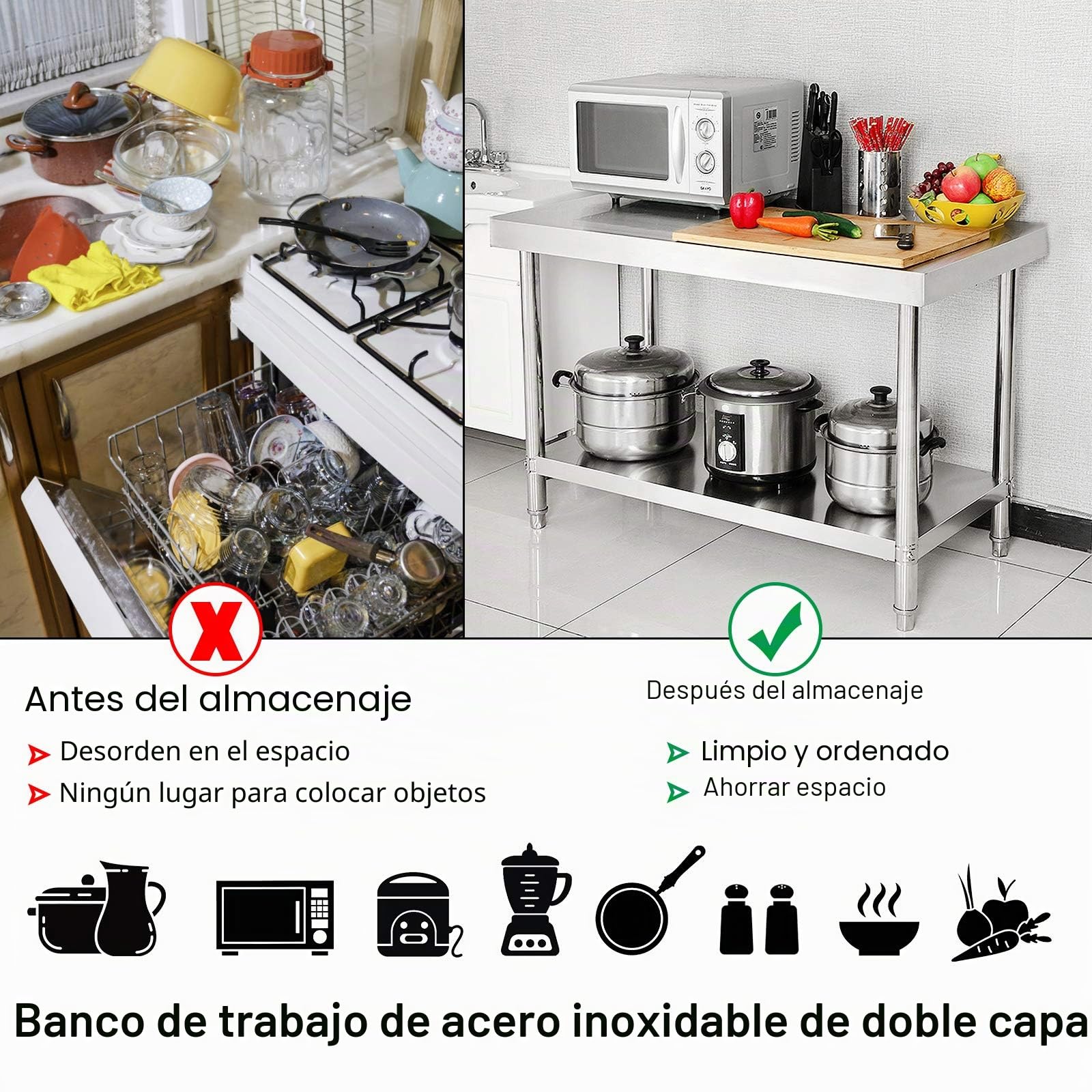 HENGMEI Mesa de cocina de acero inoxidable, altura regulable, para cocina, bar, restaurante, 100 x 60 x 85 cm, con borde