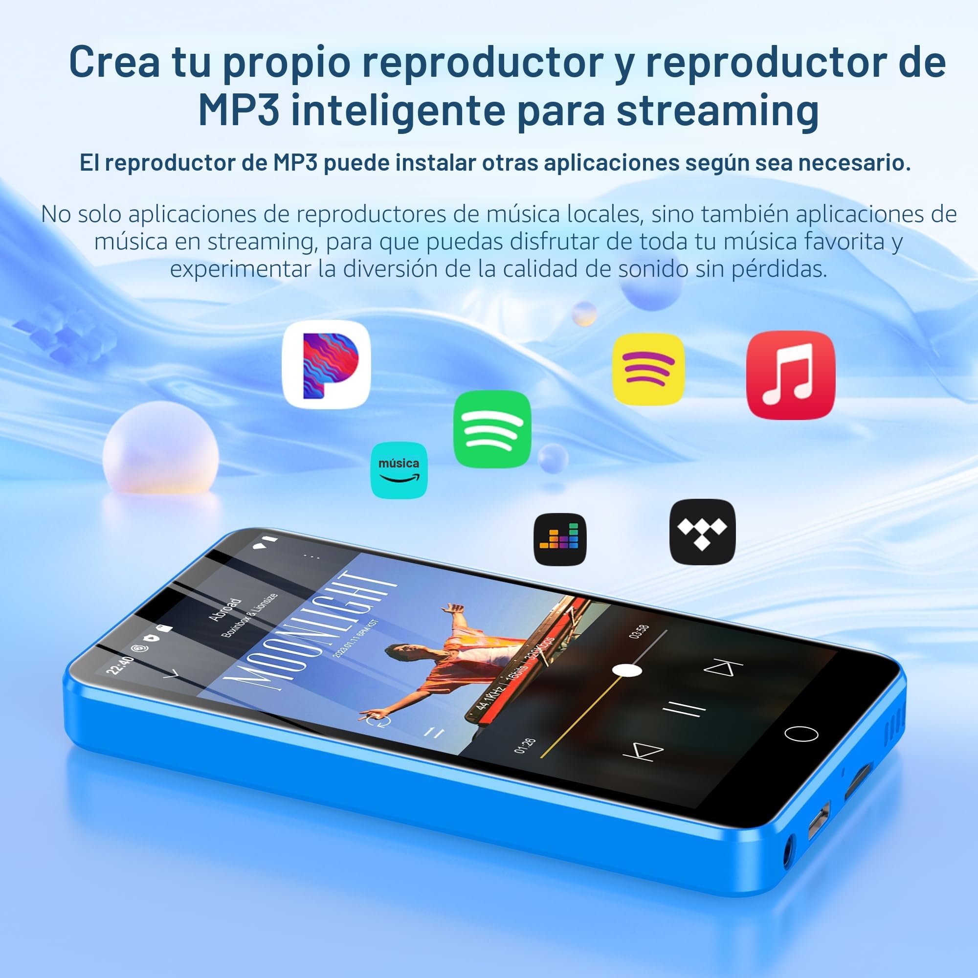 Reproductor MP3 Diofox de 80GB con Bluetooth y Wi-Fi, Reproductor MP3 Android Spotify, Amazon Music, Audible, Pantalla Táctil de 4 Pulgadas, Música en Streaming, Play Store, Radio FM, Deezer - Azul