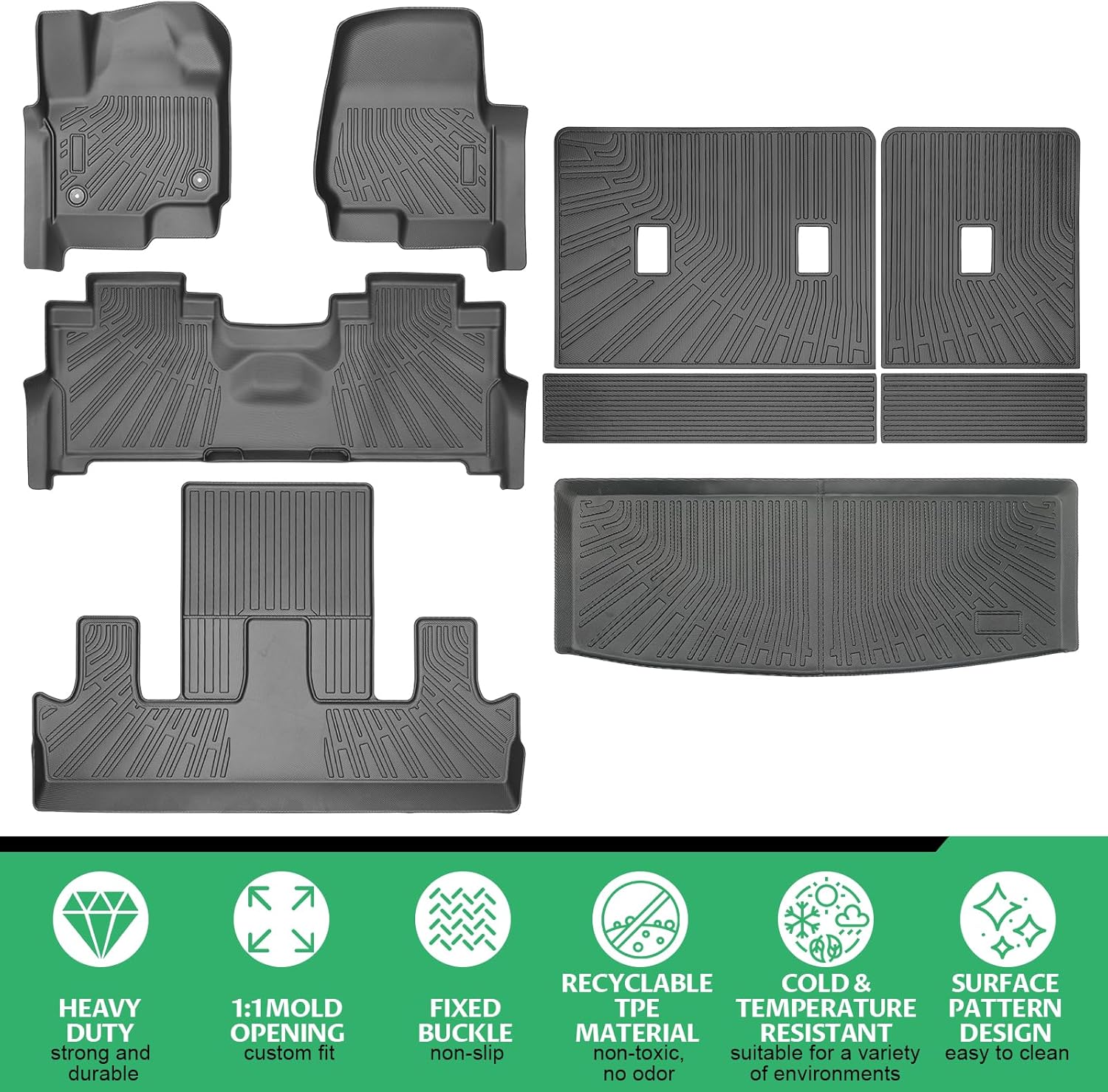 Floor Mats for Ford Expedition 2018 2019 2020 2021 202 2023 2024, ONLY Fit 7 Seats-2 Row Bucket Seat Non Short, NOT Max, TPE All Weather Protection Custom Fit Floor Liners & Seatback Mat & Cargo Liner - Image 7
