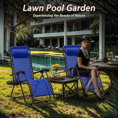 Miniatura 2 de Sillas de gravedad cero, sillas reclinables plegables portátiles con almohada ajustable y bandejas portavasos, para exteriores, patio, playa,