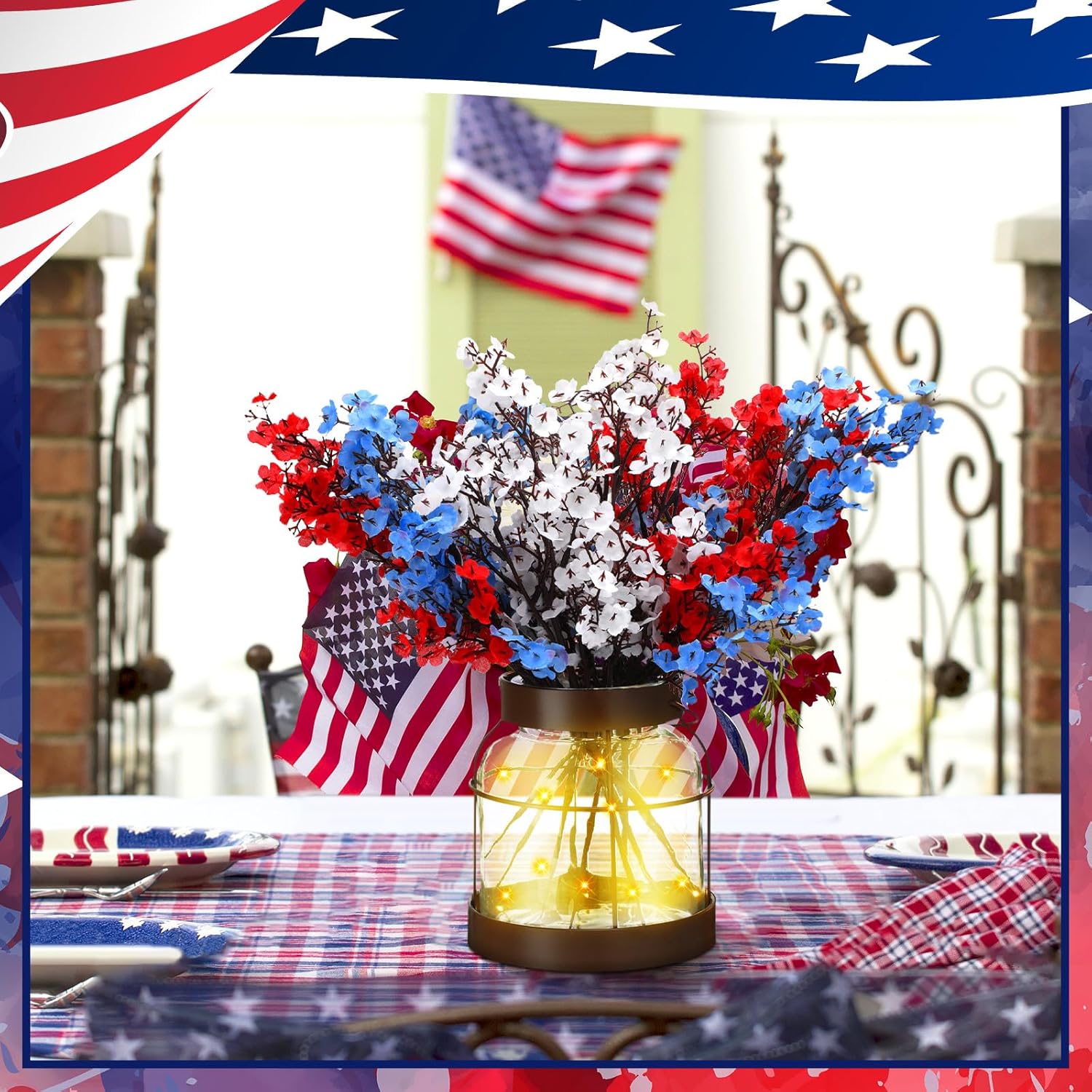 Knitgrip 1 Set Patriotic Artificial Flowers with Glass Vase Red Blue White Baby Breath Decoration 4th of July 250th Anniversary Clear Rustic Lights Vase for Floral Arrangement Table Centerpieces Gifts