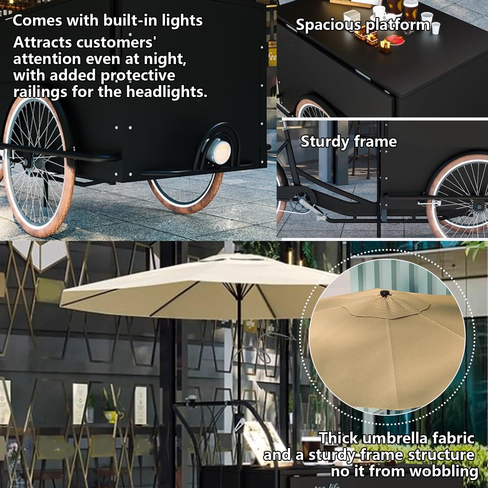Carrello mobile con ruote, ombrellone e contenitore, espositore per alimenti per mercatini, festival ed eventi all'aperto
