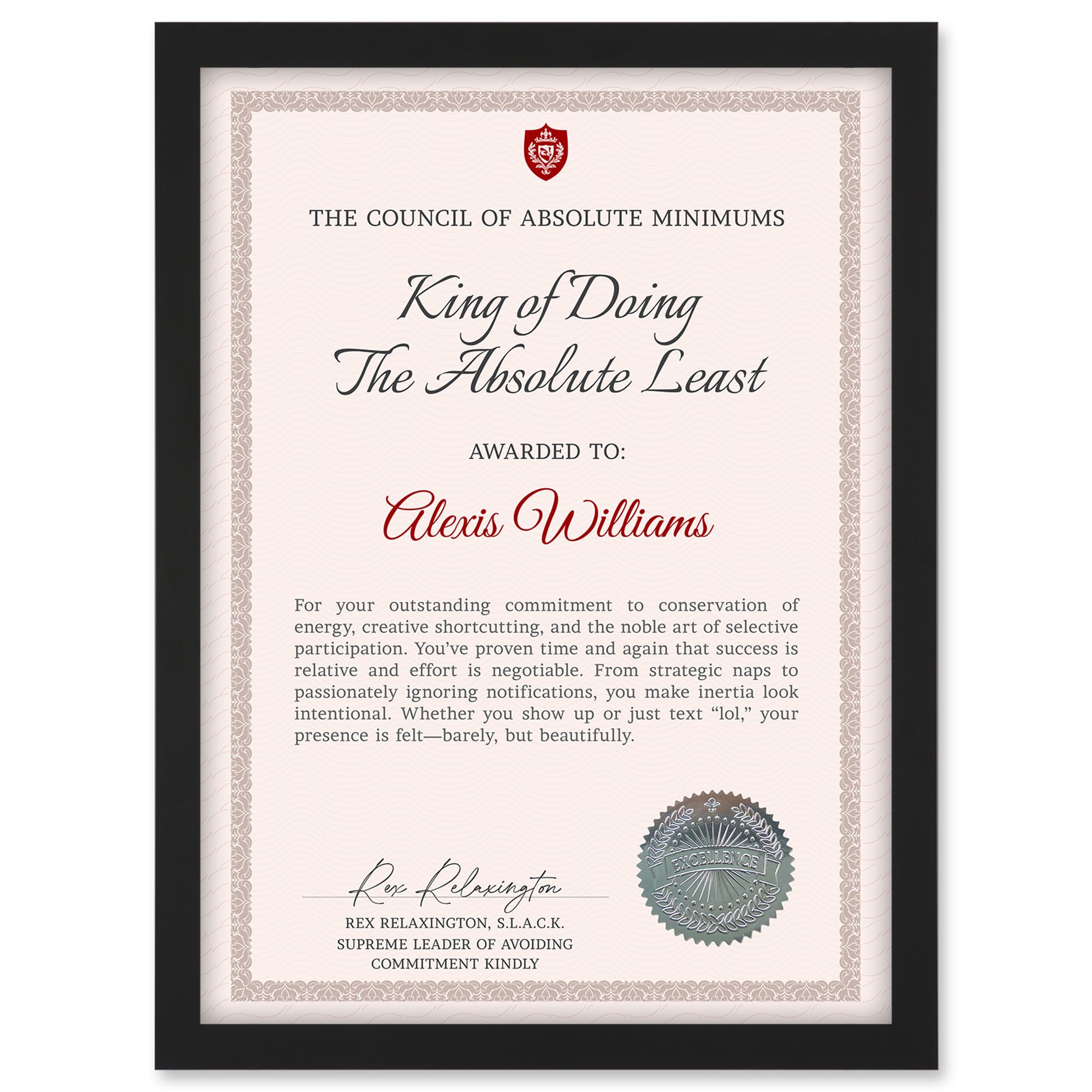 Artery8 Personalised Fun Fake Certificate King of Doing The Absolute Least Funny Gag A4 Black Framed Work Office Diploma Novelty Award