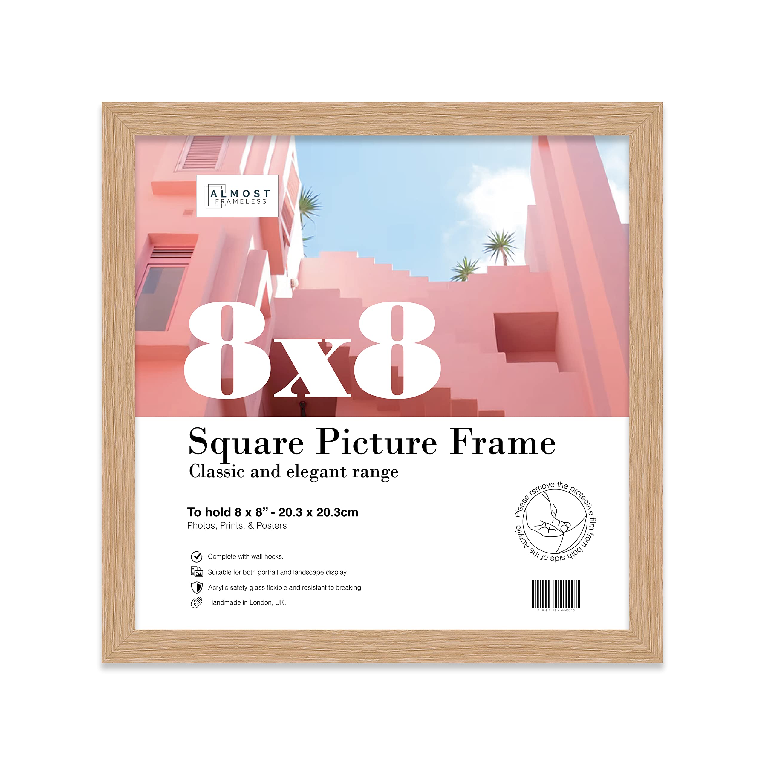 Almost Frameless 8x8 Oak Picture Frame 8"x8" (20.3x20.3cm) Poster, Photo, Artwork, or Print. Thin Edge Slim Frame Portrait and Landscape Display with Wall Hooks