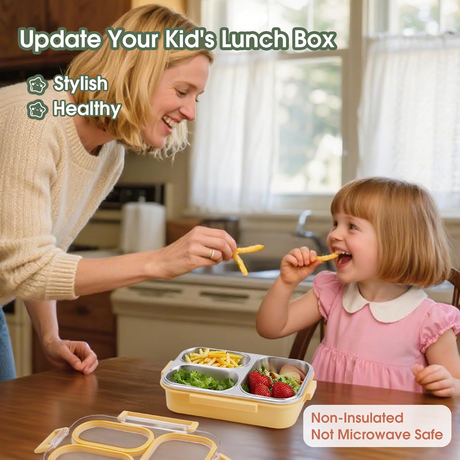 Kabbas Stainless Steel Bento Box Kids & Adults - 25 Oz Metal Lunch Box with 3 Compartments, Premium 304 Stainless Steel Lunch Box for Kids, Dishwasher Safe, Suitable for School, Office, Outside - Image 2