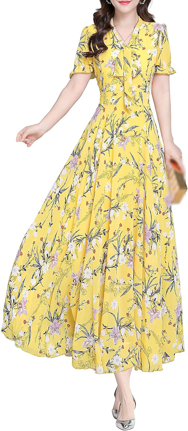 Women Vintage Button Up Floral Print Casual Split A Line Flowy Maxi Party Dress