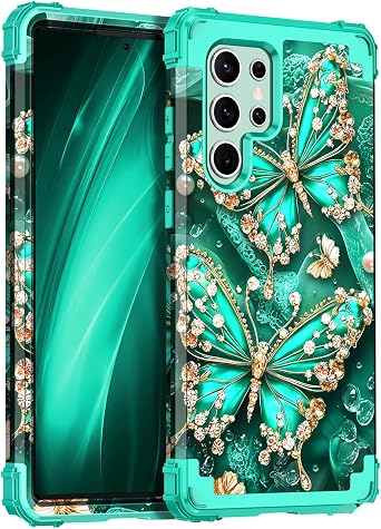 Miqala for Galaxy S23 Ultra 5G Case,Glow in The Dark Three Layer Heavy Duty Shockproof Full Protection Hard Plastic Bumper+Soft Silicone Protective Case for Samsung S23 Ultra,Blue Green