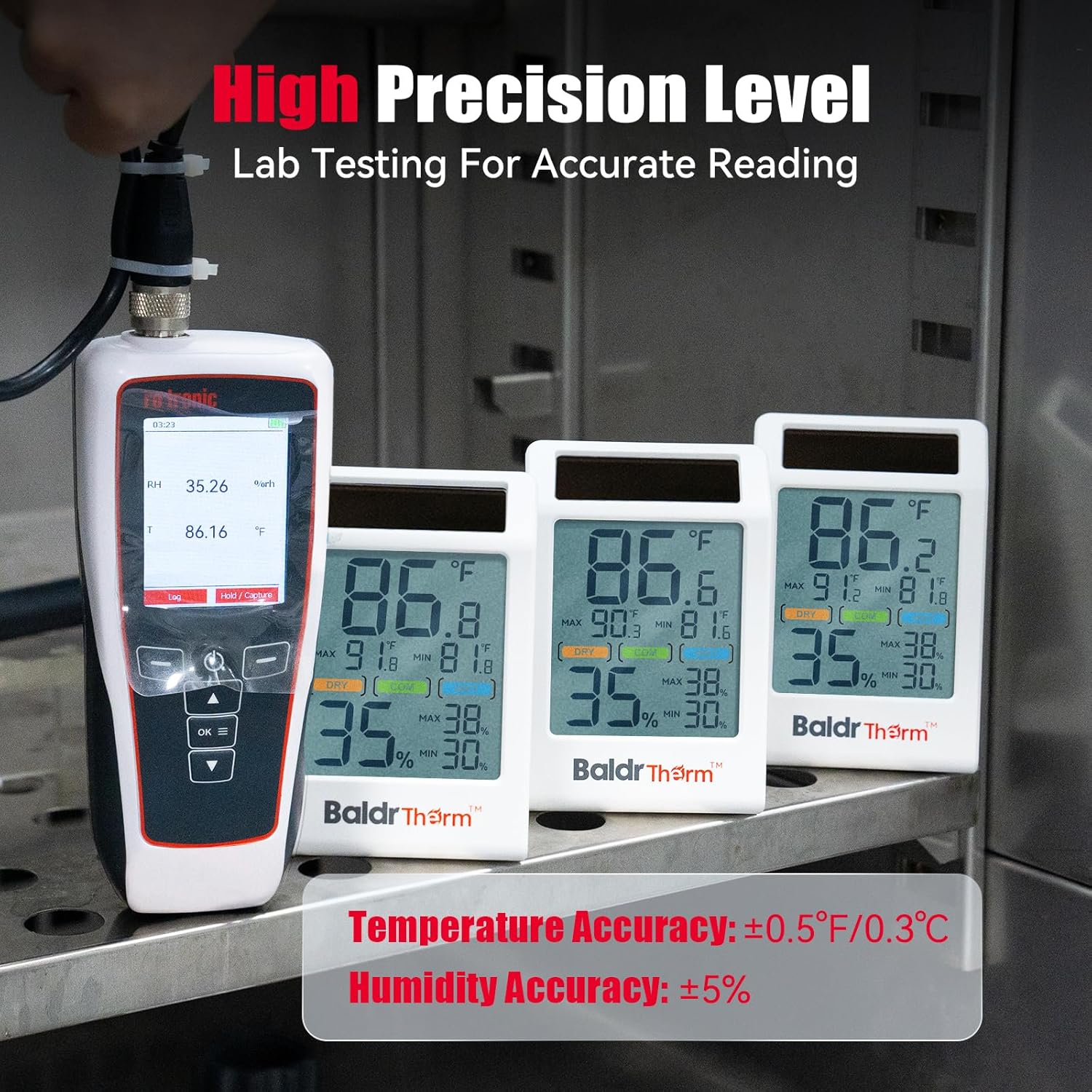 BaldrTherm Room Thermometer Indoor Humidity Meter Solar Powered with Max/Min Memory & Comfort Indicator - 3.2" Large Display for Home, White, 3Pack