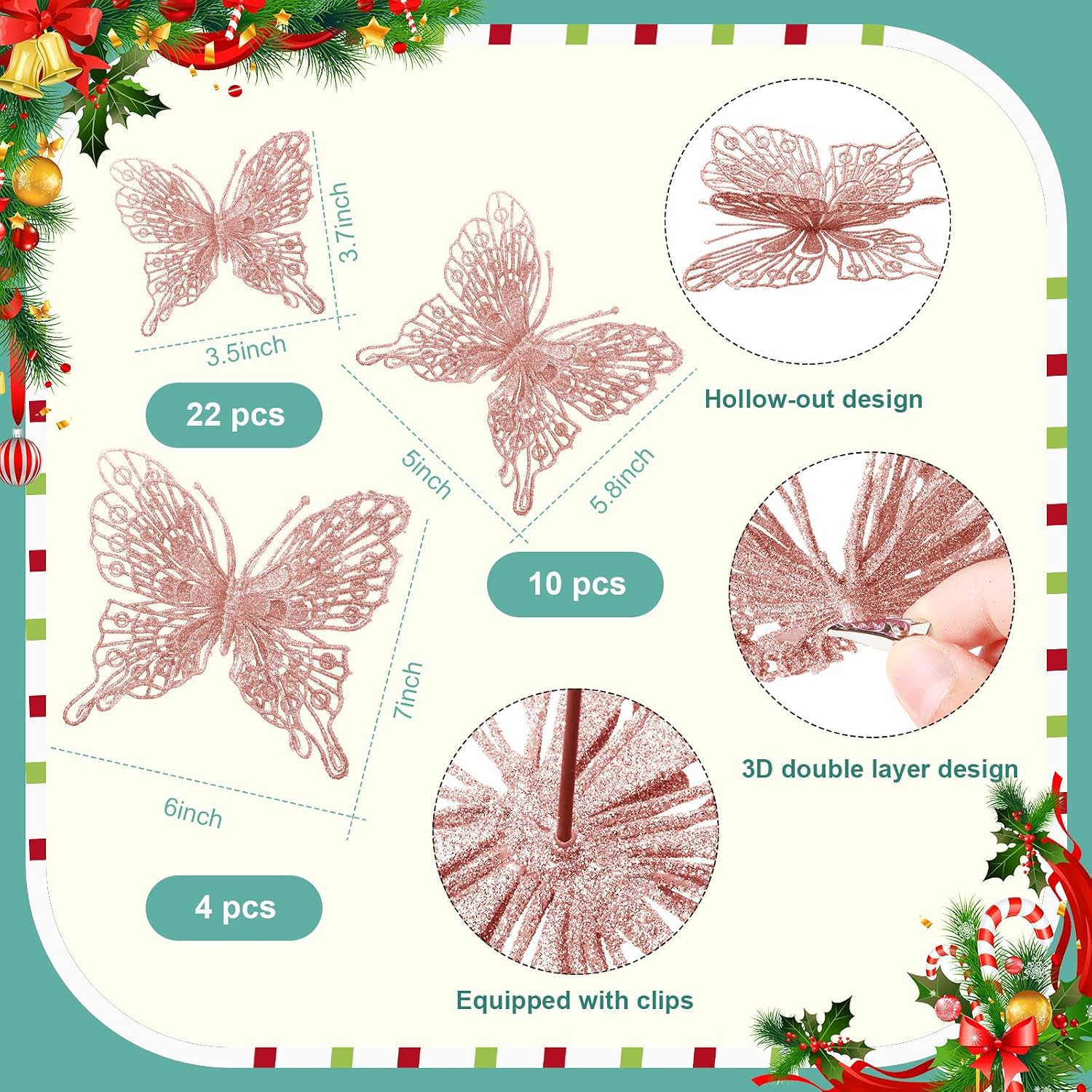 Jutom 36 Pcs Christmas Tree Butterfly Ornaments 3 Sizes 3D Glitter Hollow Butterfly Decorations Xmas Butterflies Wall Hanging Decor with Clips and Stems for Christmas Tree Wreath (Rose Gold)