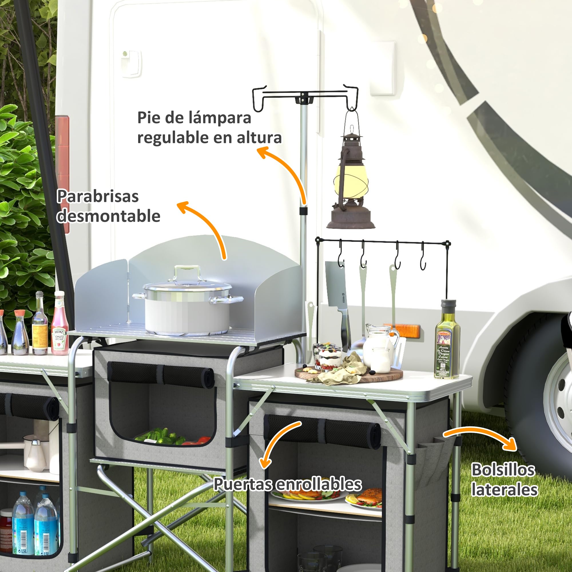 Outsunny Mueble Cocina Camping Armario Camping Plegable con Mesas Armarios Ganchos Estructura de Aluminio Poste de Luz Ajustable Paravientos y Bolsa de Transporte para Acampada 172x48x130 cm Gris