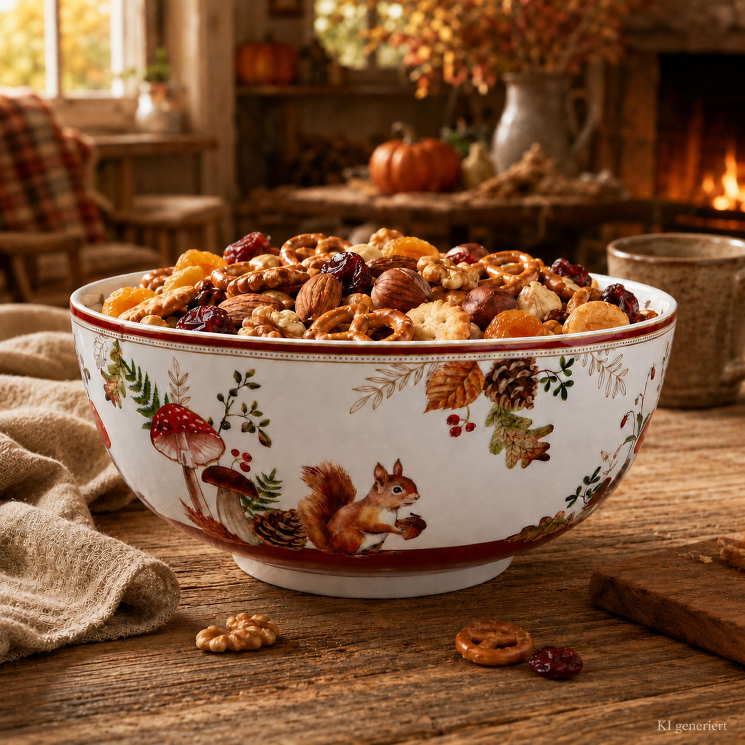 MamboCat Autumn Breeze - Ciotola da portata rotonda, diametro 23 cm, in porcellana, bianca con decorazione a fungo, insalatiera, ciotola per pasta, per autunno, buffet e tavola