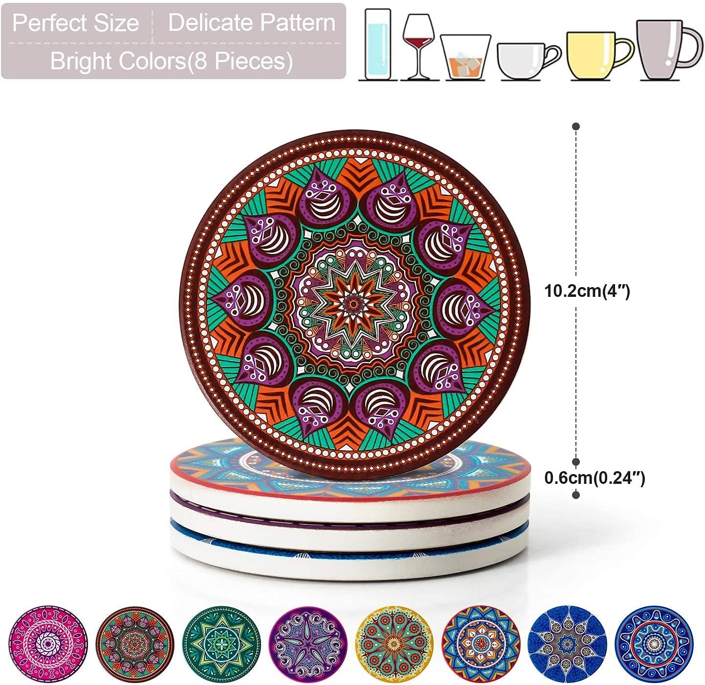 Coasters for Drinks, Absorbent Drink Coasters with Holder, Mandala Ceramic Coasters with Cork Base, Thanksgiving and Housewarming Gift, Kitchen Bar Decor Stone Coasters Set of 8 (Multicolor2)