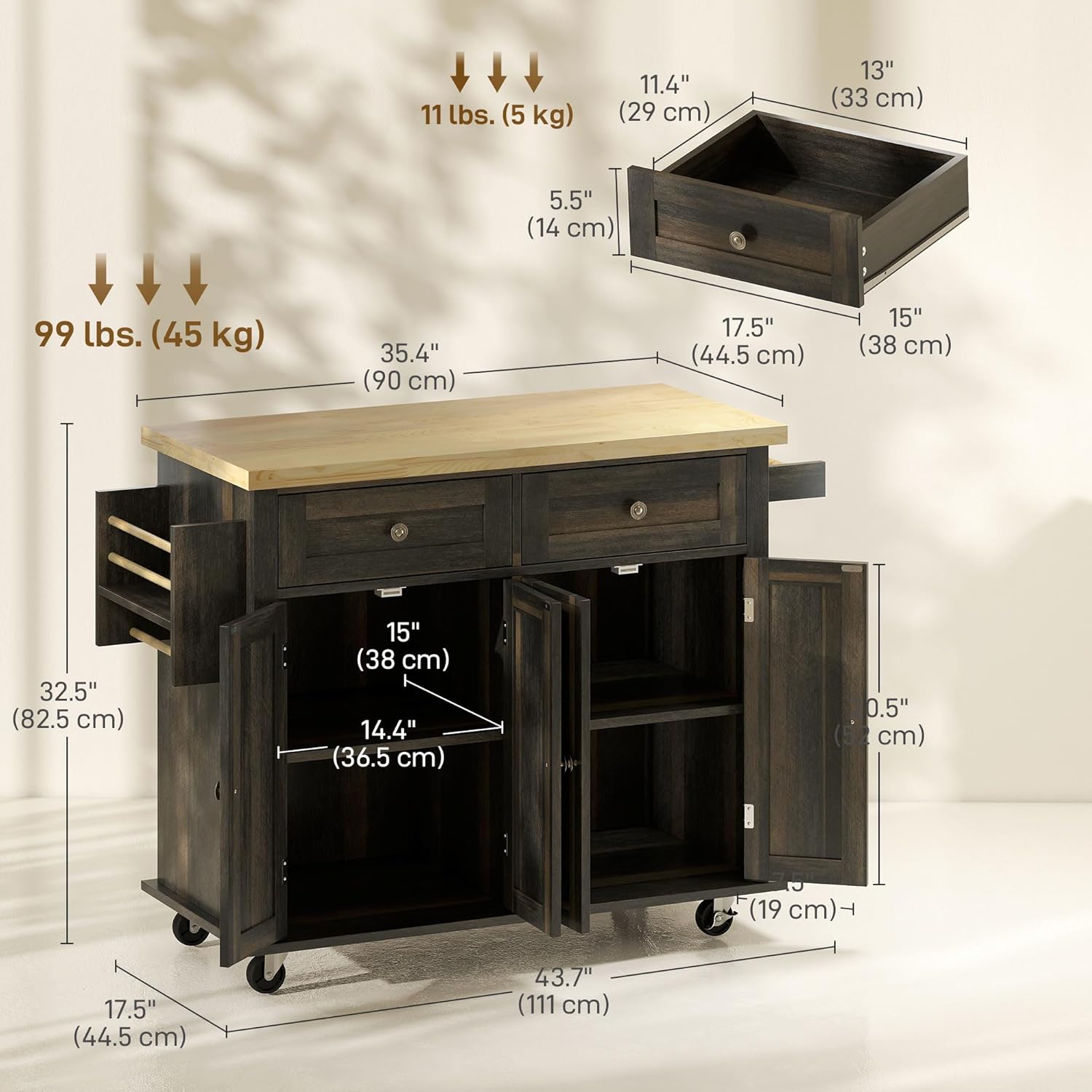 Detailed dimensions of the HOMCOM Kitchen Island Cart
