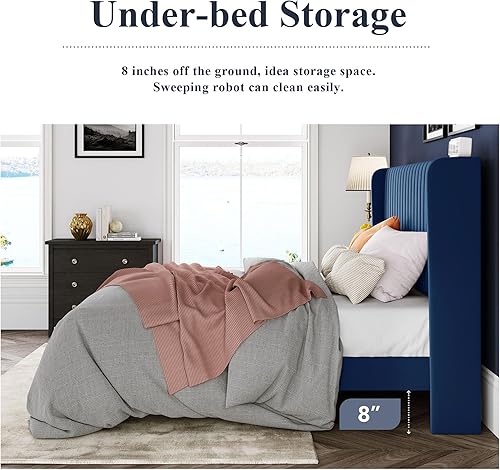 Miniatura 52 de Allewie Marco de cama de terciopelo de tamaño matrimonial, cabecera capitoné vertical con respaldo de ala, plataforma tapizada, listones de madera