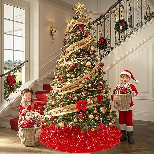 Miniatura 3 de Falda de árbol de Navidad roja de 46 pulgadas, falda de árbol de lentejuelas de Navidad, falda grande de terciopelo para árbol de Navidad, falda de