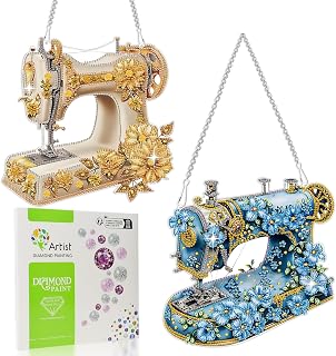 Scettar 2 Pcs Dimond Art Paintings Kit for Adults, Sewing Machine DIY Crystal Gem Craft Painting Kit, 3D Special Shape Diamond Dotz Kits Hanging Ornament for Home Wall Decor, Box Package