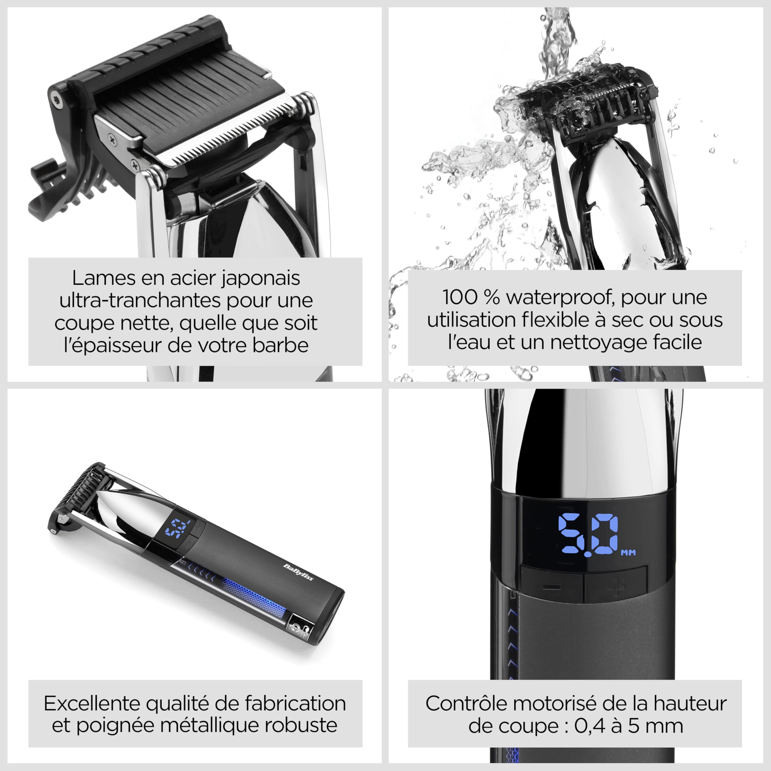 BaByliss Super‑X Tondeuse Stubble en Métal – Tondeuse barbe étanche avec lames en acier japonais, réglage motorisé (0,4–5 mm), écran digital, batterie lithium‑ion, 90 min d’autonomie, S996E