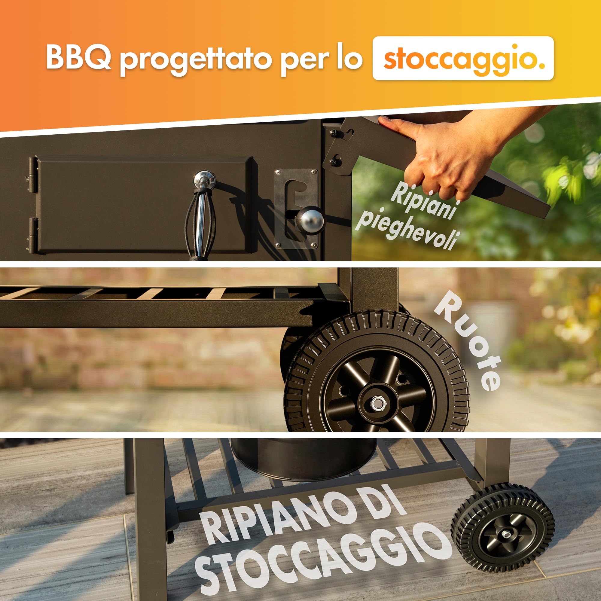 VonHaus Barbecue a Carbone – Barbecue con Griglia Scaldavivande, Altezza Regolabile, Termometro – Portatile, Cassetto Cenere, Ripiano, 2 Tavolini Laterali Pieghevoli, Ruote – Carne, Pesce e Verdure