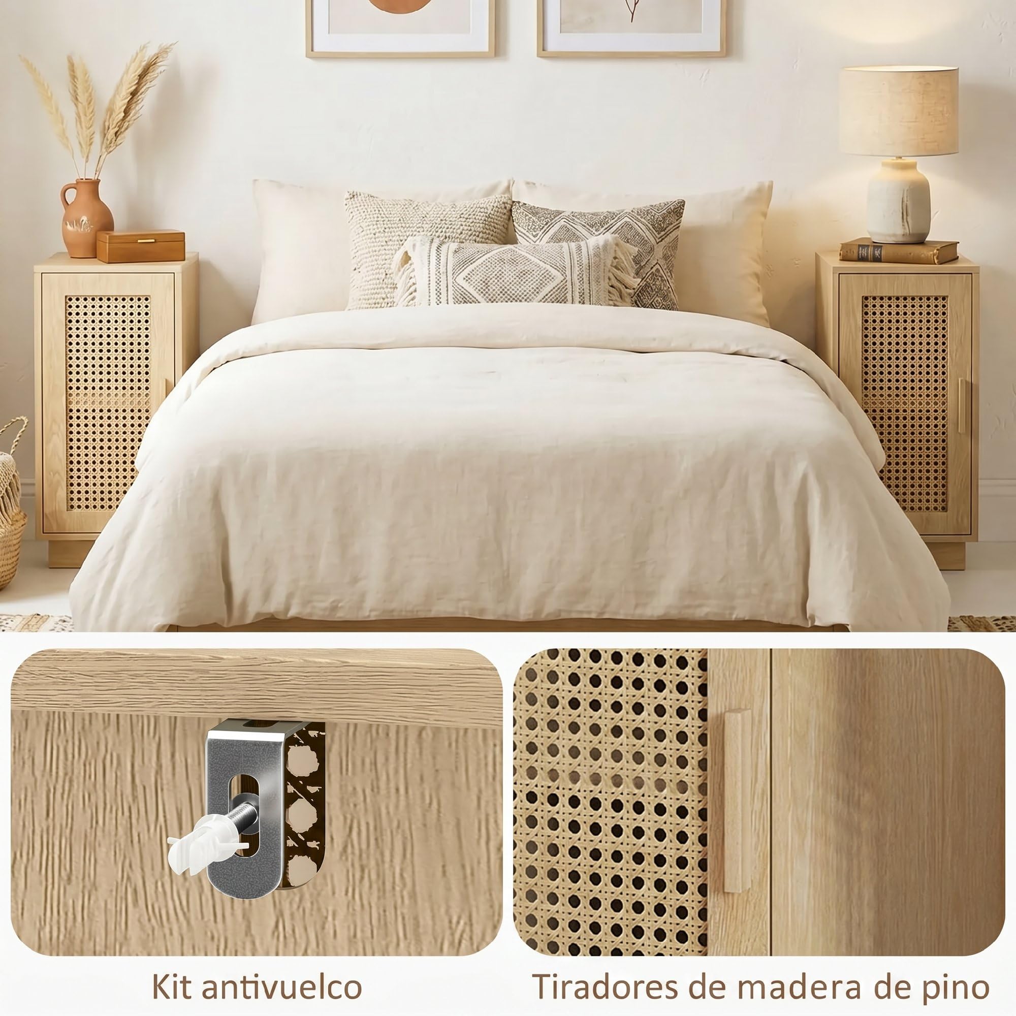HOMCOM Conjunto de 2 Mesitas de Noche con Puerta de Ratán 25x30x60 cm
