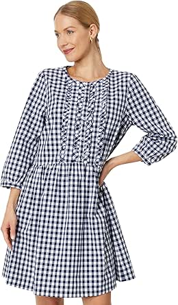 Draper James Ruffle Placket Shirtdress in Gingham Nassau Navy Multi XS ...