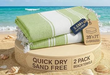LANE LINEN Turkish Beach Towel 2 Pack, Oversized Beach Towel 39"x71", Lightweight Beach Essentials for Women, Large Pool Towel, Absorbent & Quick Dry, Sand Free Beach Towel - Jade Lime
