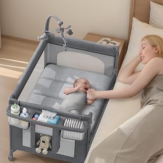TinyGlow 4-in-1 Baby Bassinet Pack n Play Bedside Crib Sleeper Diaper Changer Portable with Mattress Mosquito Net