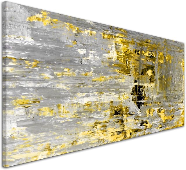 Wallfillers Yellow Abstract Painting Wall Art Print Canvas - 1357 - 120x50cm