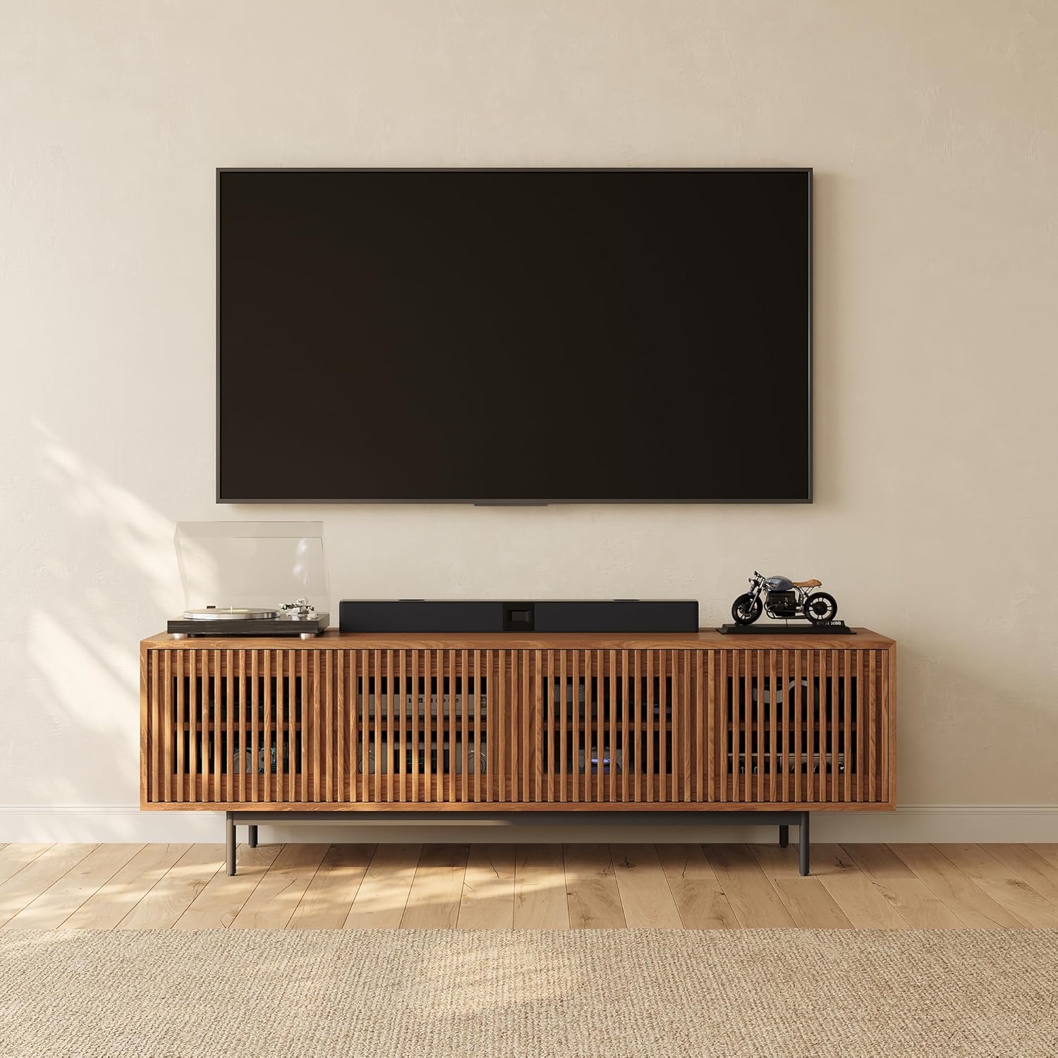 POVISON Mid-Century Modern TV Stand with Slatted Doors, Fully Assembled 70.87" Wood Media Console, TV Console with Tall-cast Metal Legs, Entertainment Center with Storage for Living Room