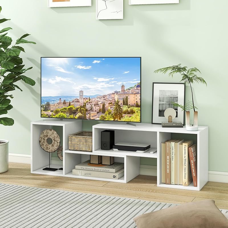 LDAILY L-Shaped TV Stand, TV Entertainment Center with 4 Storage Cubes & Rotating Shelves, Wood Bookcase for TVs up to 55 Inch, Sturdy Free-Combination Console Table for Living Room, Bedroom (White) image 7