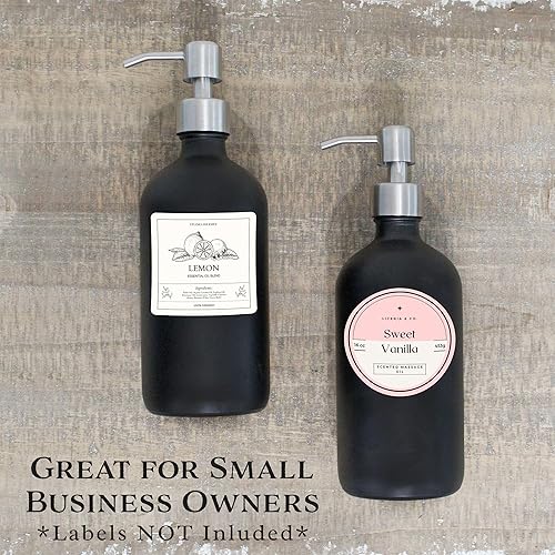 Miniatura 7 de Cornucopia Brands Botellas de vidrio negro de 16 onzas con bombas de acero inoxidable (paquete de 2); Boston Round recubierto de negro;