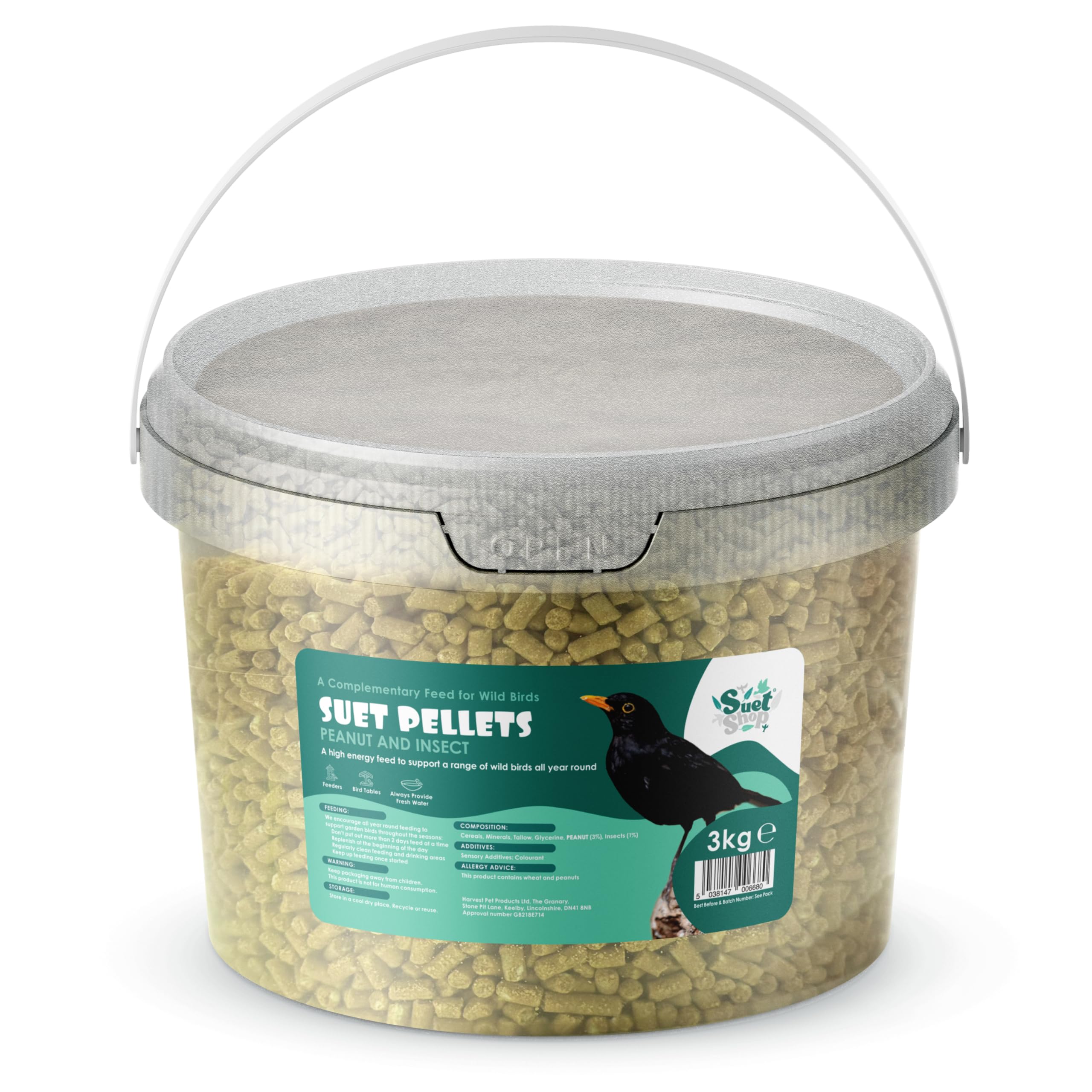 Suet Shop - Peanut & Insect Suet Pellets, 3kg Resealable Tub - Wild Bird Food Enriched with Human Grade Beef Tallow, High in Energy & Protein - All-Season Bird Feed - Manufactured In The UK