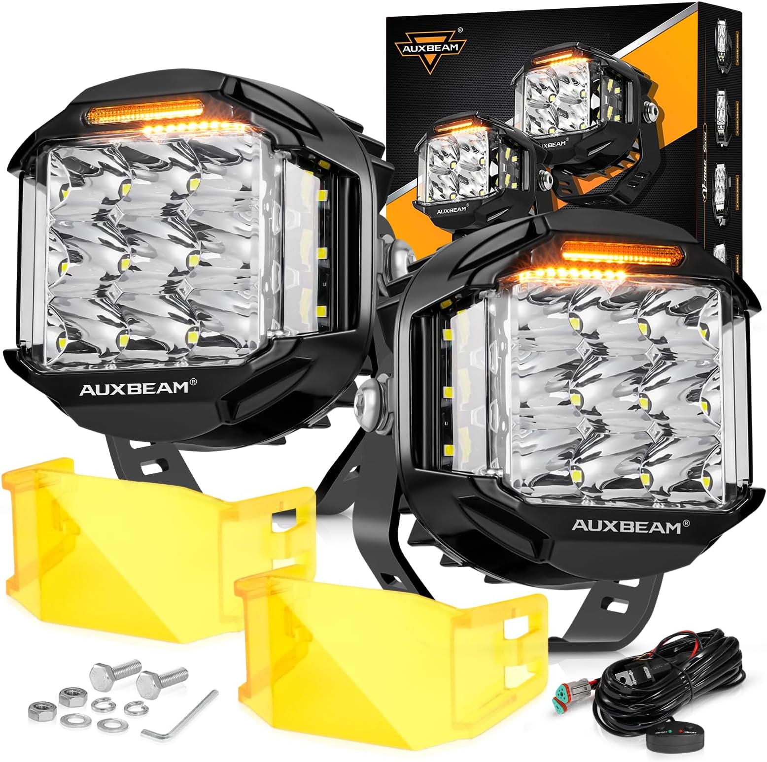Aubxeam 5in 168W Round LED Offroad Light Pod,16440LM Side Shooter LED Offroad Driving Light, Amber Day Time Running Light 270°Beam Pattern Universal Auxiliary Light for Truck ATV Jeep Ford Pickup