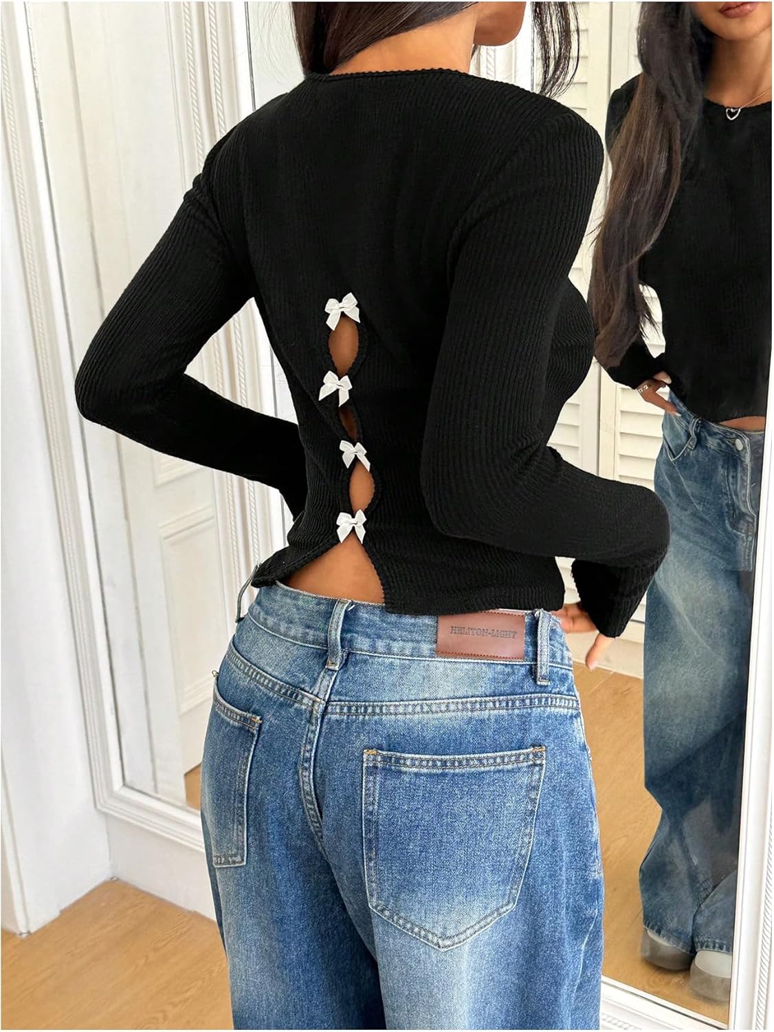 Women's Bow Back T Shirts Hollow Out Ribbed Knit Long Sleeve Crop Tops Fitted Tops Trendy - Image 5