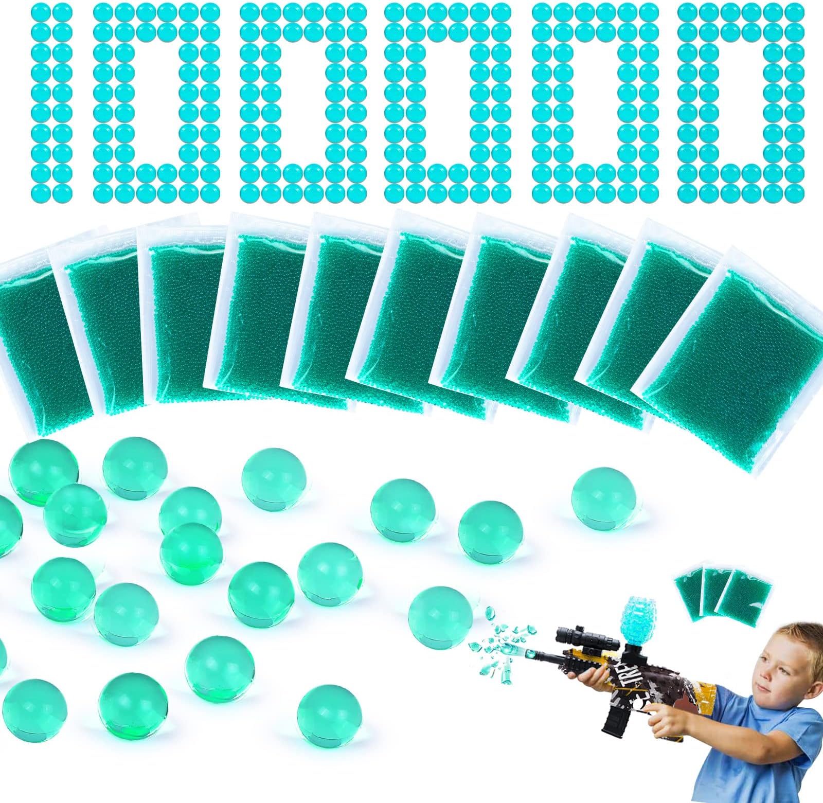 Water Ball Bead Refill Ammo Gel Ball Blaster Refill Ammo (7-8 mm, 10 Pack, 100,000) Compatible with Splatter Ball Toy Gun Ammo for Blaster Toy Ammo Water Ball, Green