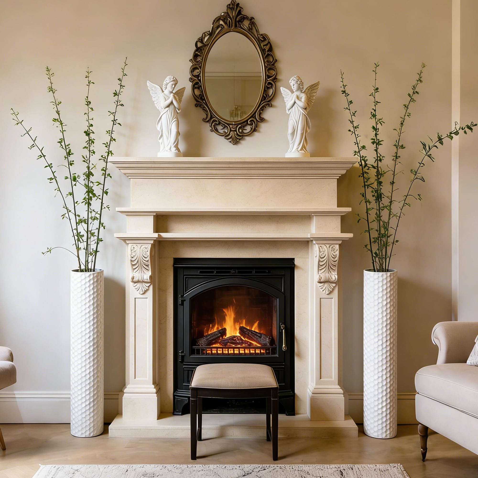 Sziqiqi White Tall Floor Vases: 70 cm Large Vases Floor Standing Set of 2 for Fake Plant Pampas Grass Artificial - Metal Big Flower Vasen for Sideboard Fireplace Entryway Door Decor