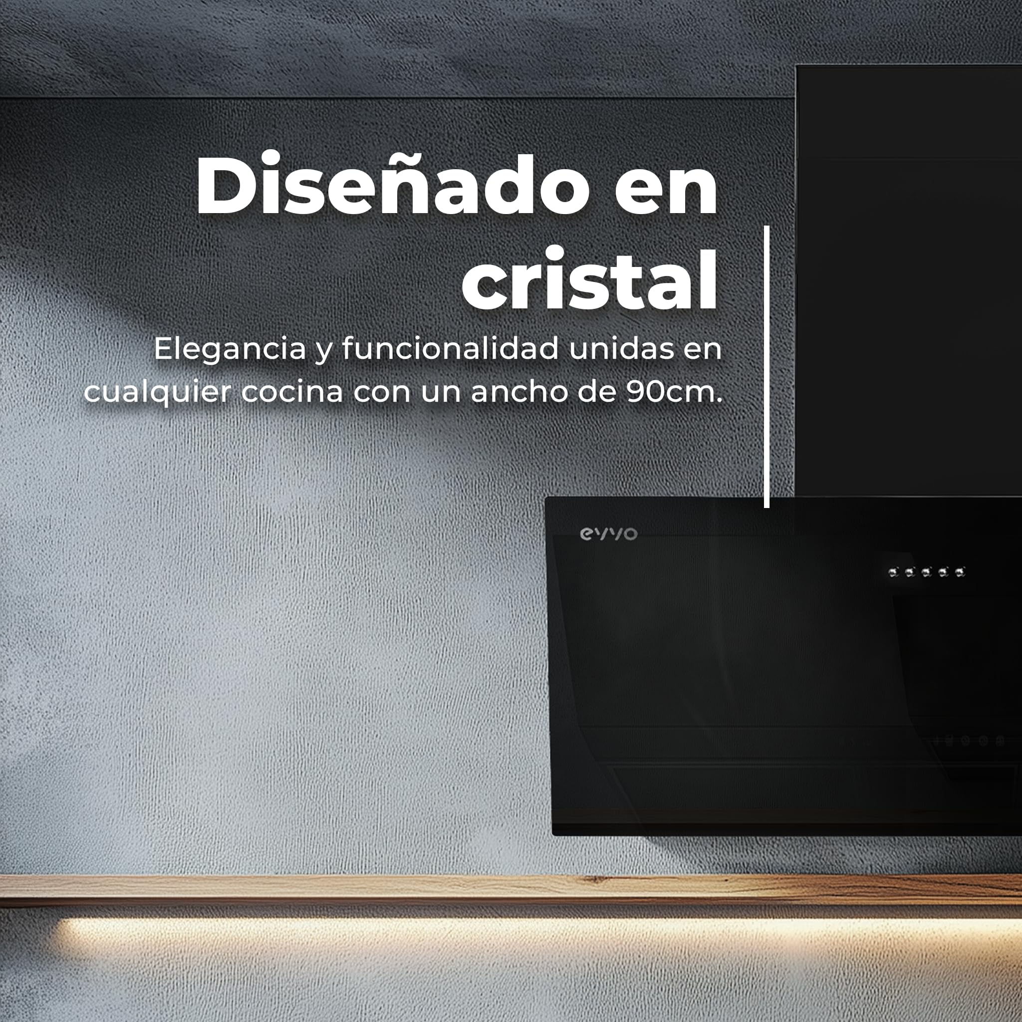 EVVO Campana Extractora 90 cm Decorativa, Potencia 650 m³/h, Filtro de Carbono Activo y de Alumino 5 Capas, 3 Velocidades, 2 luces LED, Eficiencia energética A (CE45 Cristal Black) — view 4