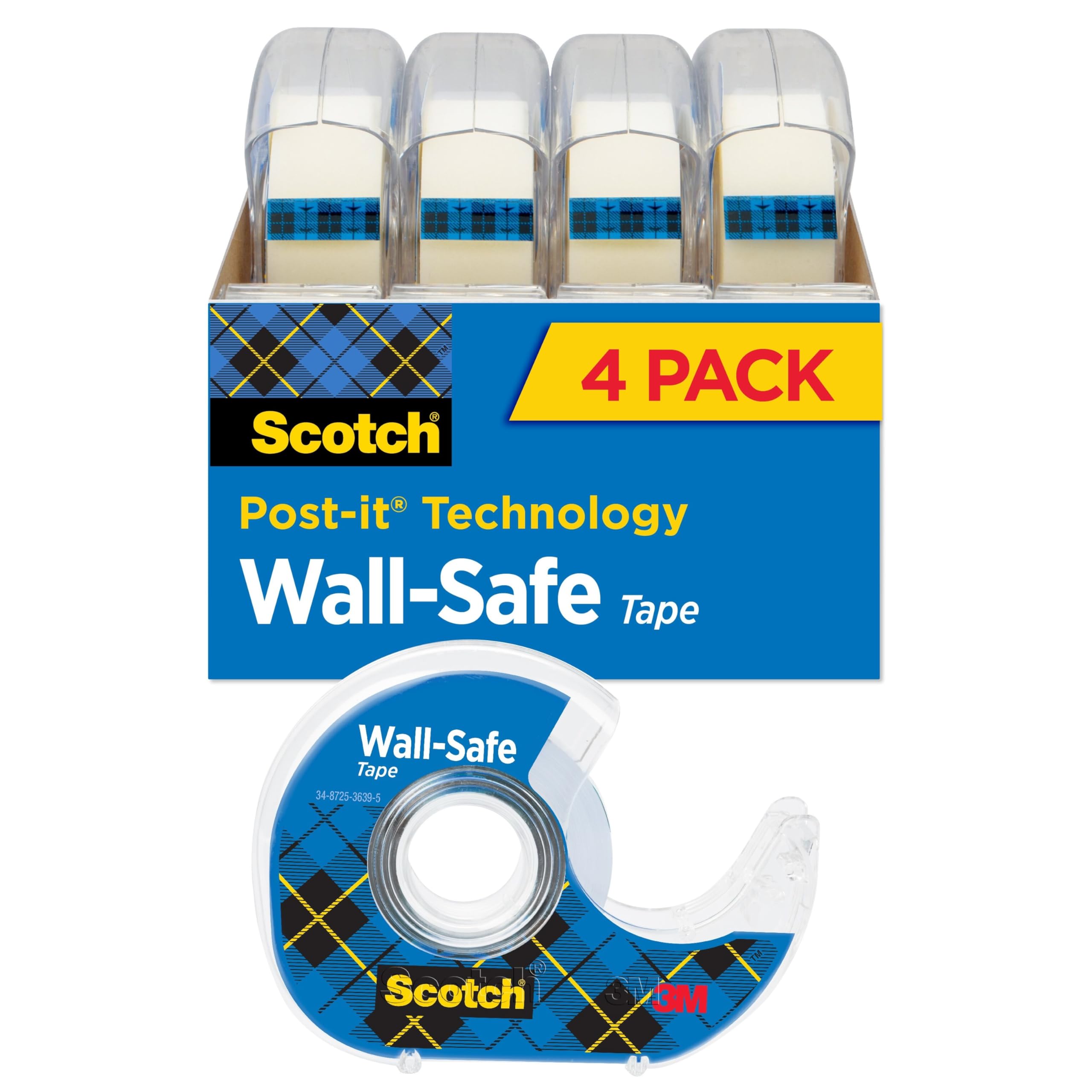Wall-Safe Tape, 4 Dispensered Rolls, Sticks Securely, Removes Cleanly, Invisible, Designed for Displaying, Photo Safe, 3/4 in x 650 in (4183)