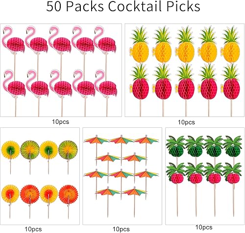 Miniatura 2 de Hawaiian Luau - Púas de cóctel tropicales surtidas, palillos de bambú hechos a mano, palillos de madera para Luau Hawaii, suministros de fiesta en