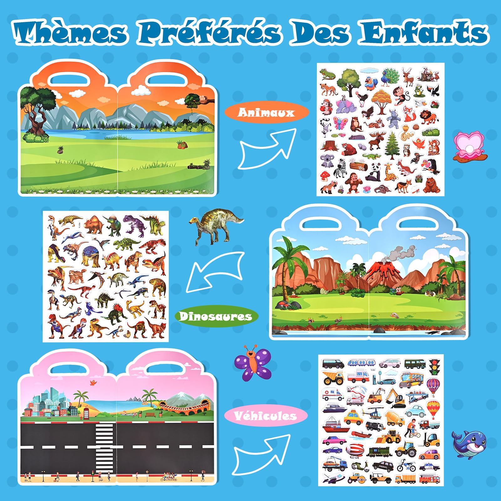 GOLDGE 12 Stickers Book, Libri Adesivi Bambini Attacca e Stacca — Trasporto, Animali, Fattoria, Spazio, Mare, Supermercato, Cucina, Scuola, ecc, Regalo Compleanno Riutilizzabile per Bambini 2-6 Anni