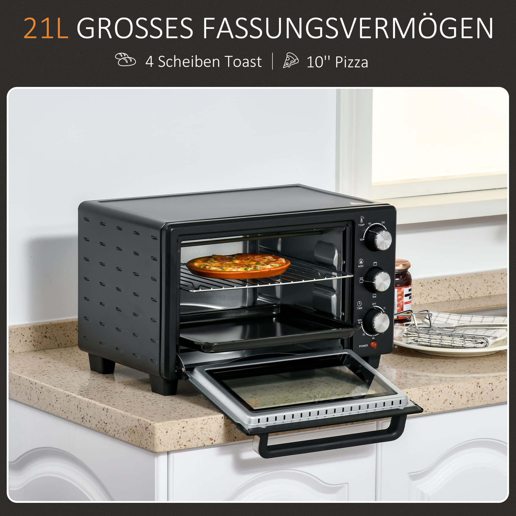 HOMCOM Mini Backofen 21 L 1400W 100-230℃ 60 Min. Timer inkl. Krümelblech, Backblech, Grillrost Fenster, Minibackofen Pizza-Ofen, Schwarz