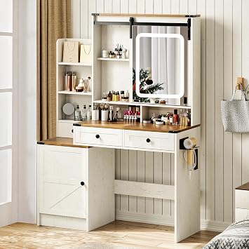 NUNU LAB 42inch Vanity Desk with Sliding Mirror Farmhouse, Makeup Table 3 Color Lights with Charging Station, Drawers, Cabinets, and Adjustable Shelves for Bedroom, Brown