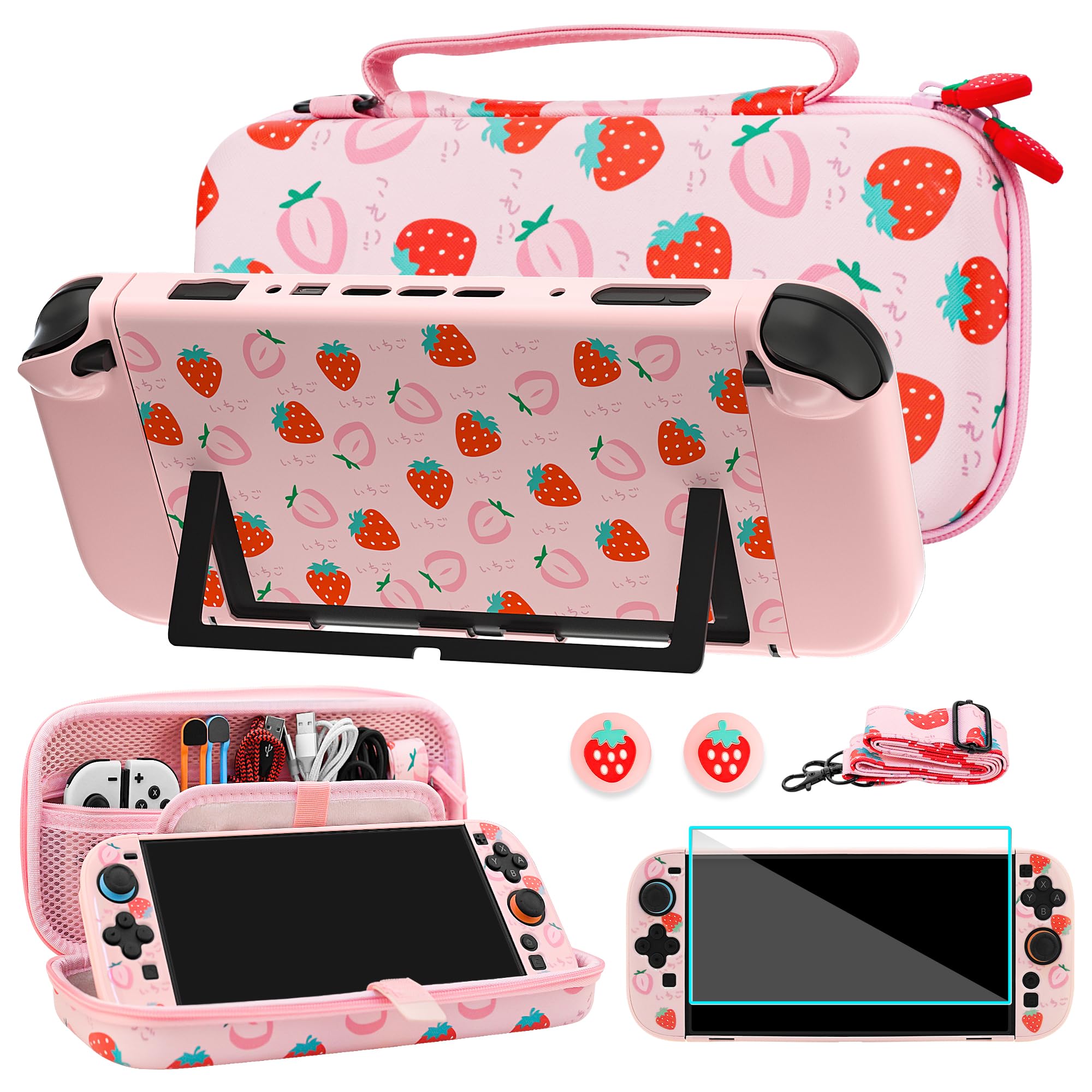 FUNDIARY Custodia da trasporto rosa per Switch 2 con design fragola, kit di accessori antiurto con custodia da viaggio sottile portatile, custodia agganciabile, pellicola proteggi schermo, tracolla e