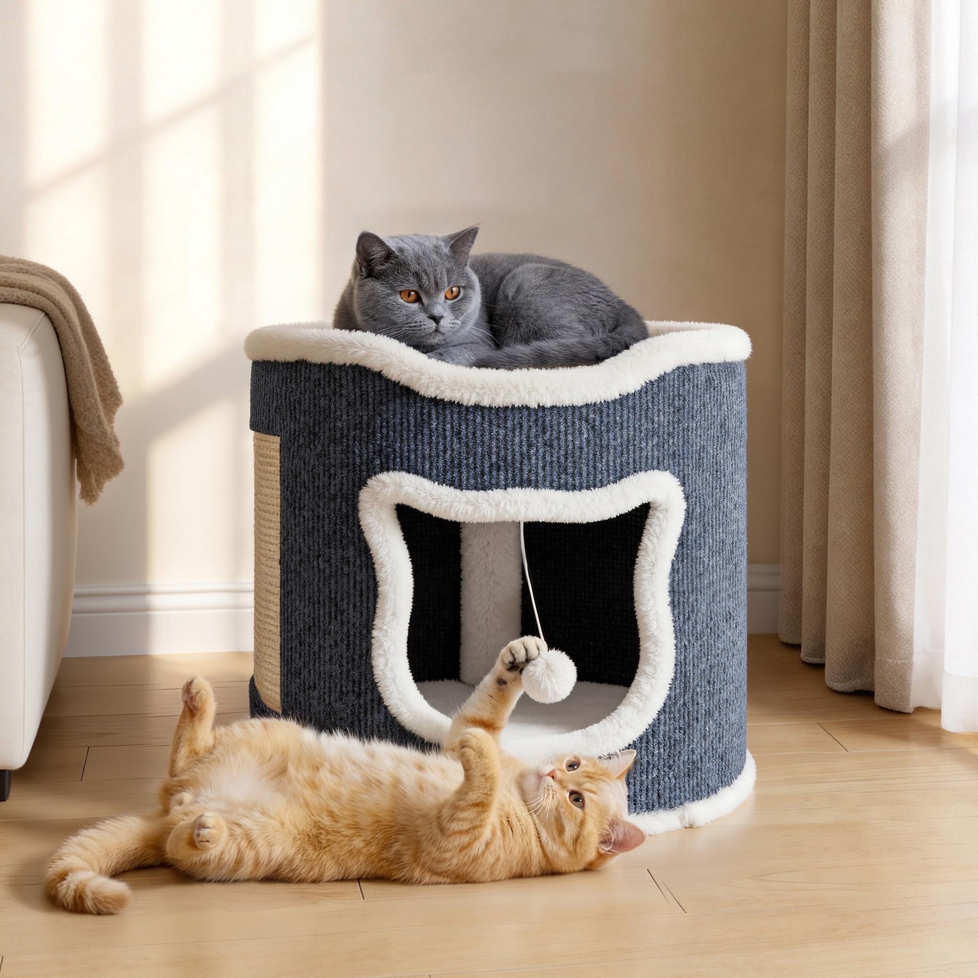 Maison pour Grand Chat, capacité Charge 30 kg, lit Confortable avec griffoir et Balle Jeu, Forme cylindrique, Convient aux Chats Taille Moyenne à Grande, Gris, Couche