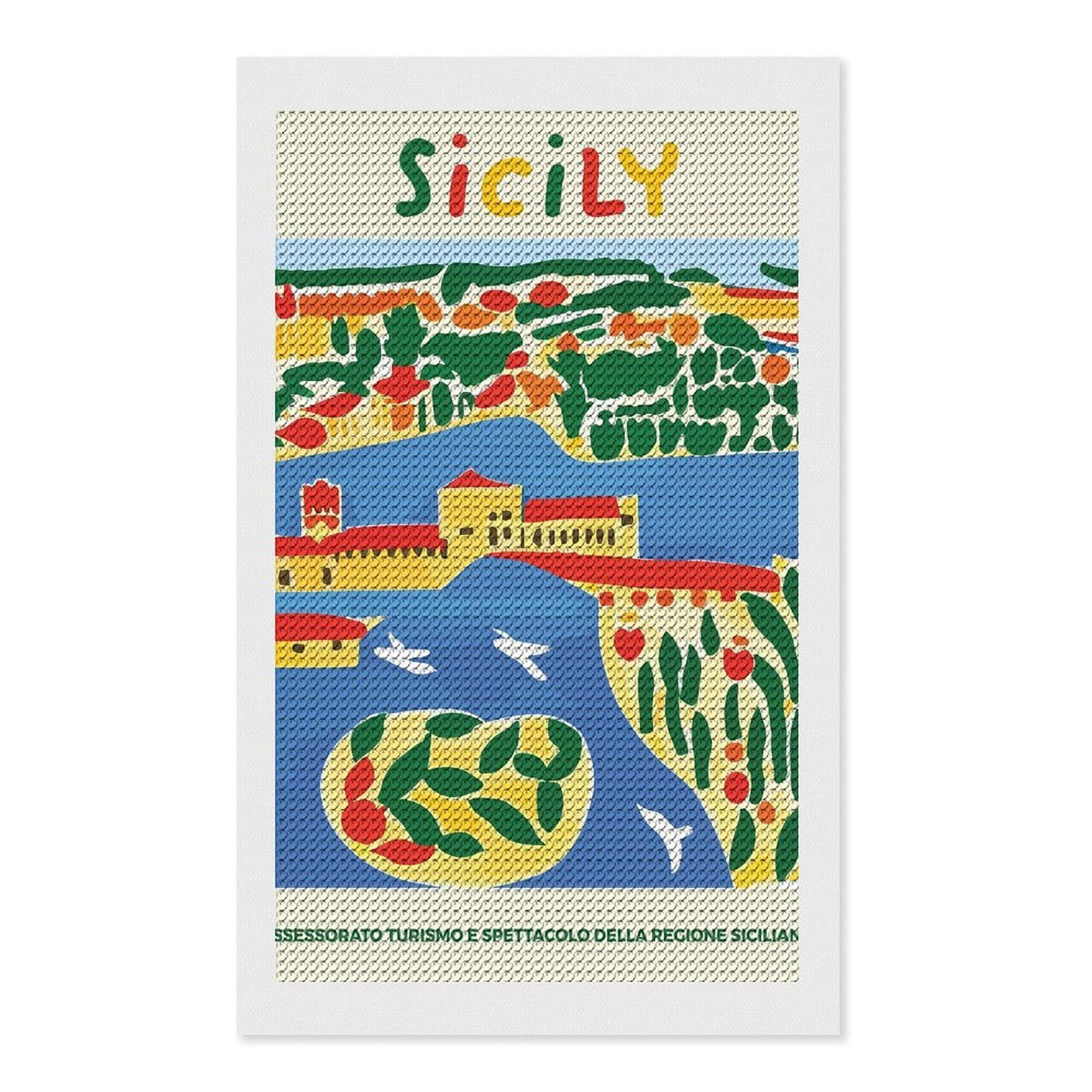 Junmoney Sicily Colorful Landscape DIY Diamond Art Canvas Kit 12"x20", Decorate Your Room, Sparkling Round Gems, Fun Craft Experience, Farmhouse Decor