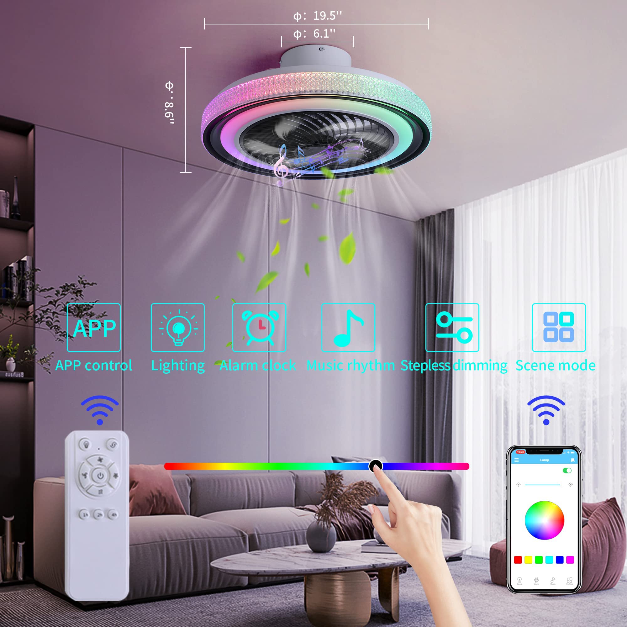 Ventiladores de Techo silenciosos con Luces RGB, Ventiladores de Techo Regulables con lámparas y Control Remoto, y Altavoz de música Bluetooth, Ventilador de Techo con iluminación